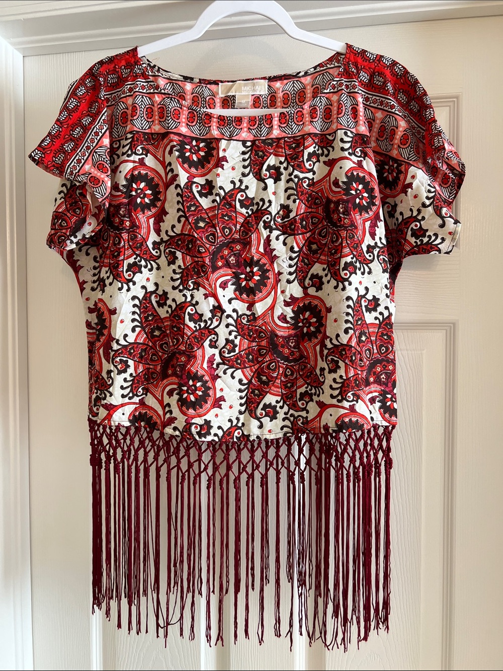 Michael Kors Cream and Red Paisley Fringe Crop Top